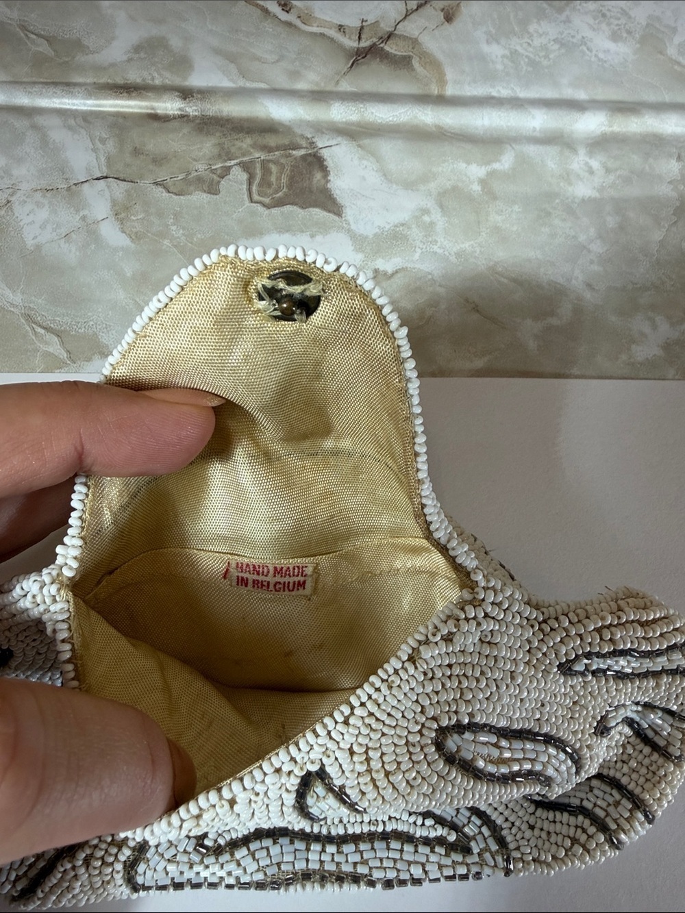 Vintage Belgium Beaded Belt Bag White Seed Bead Waist Clutch Evening Bridal - Picture 3 of 4